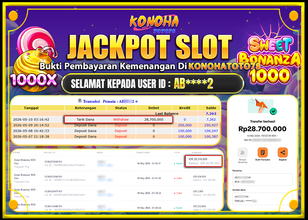 KONOHATOTO78 JACKPOT SWEET BONANZA 1000  Rp.28.700.000,LUNAS